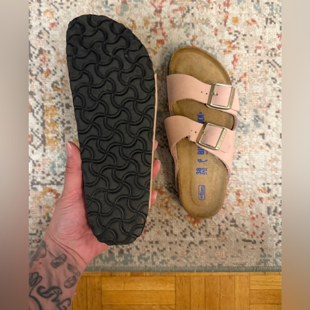 Sold | Birkenstock | Arizona Soft Pink Double Strap Sandals With Gold Buckles - Picture 9 of 11